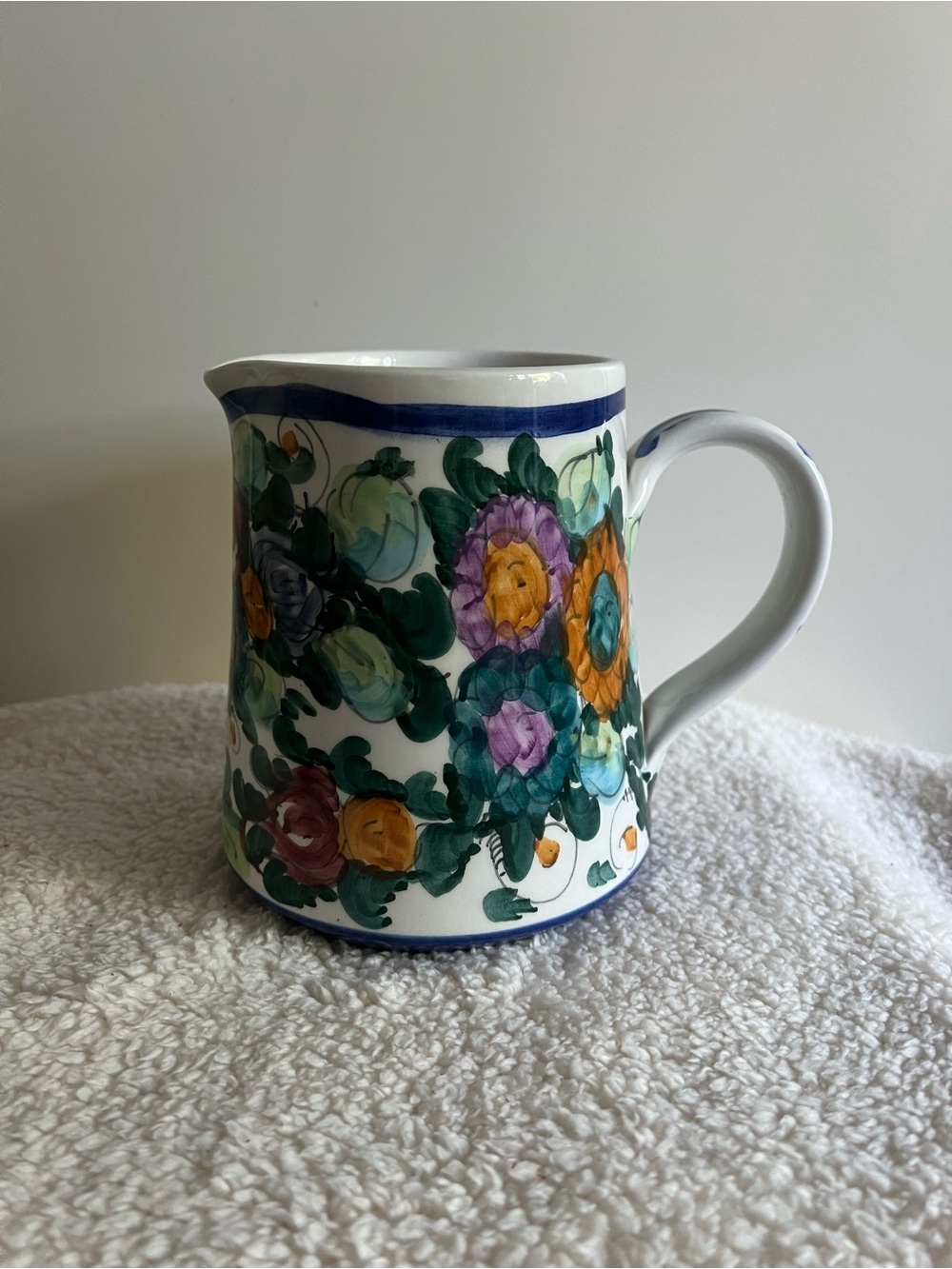 Hand-Painted and signed Floral Ceramic Pitcher - Multicolor